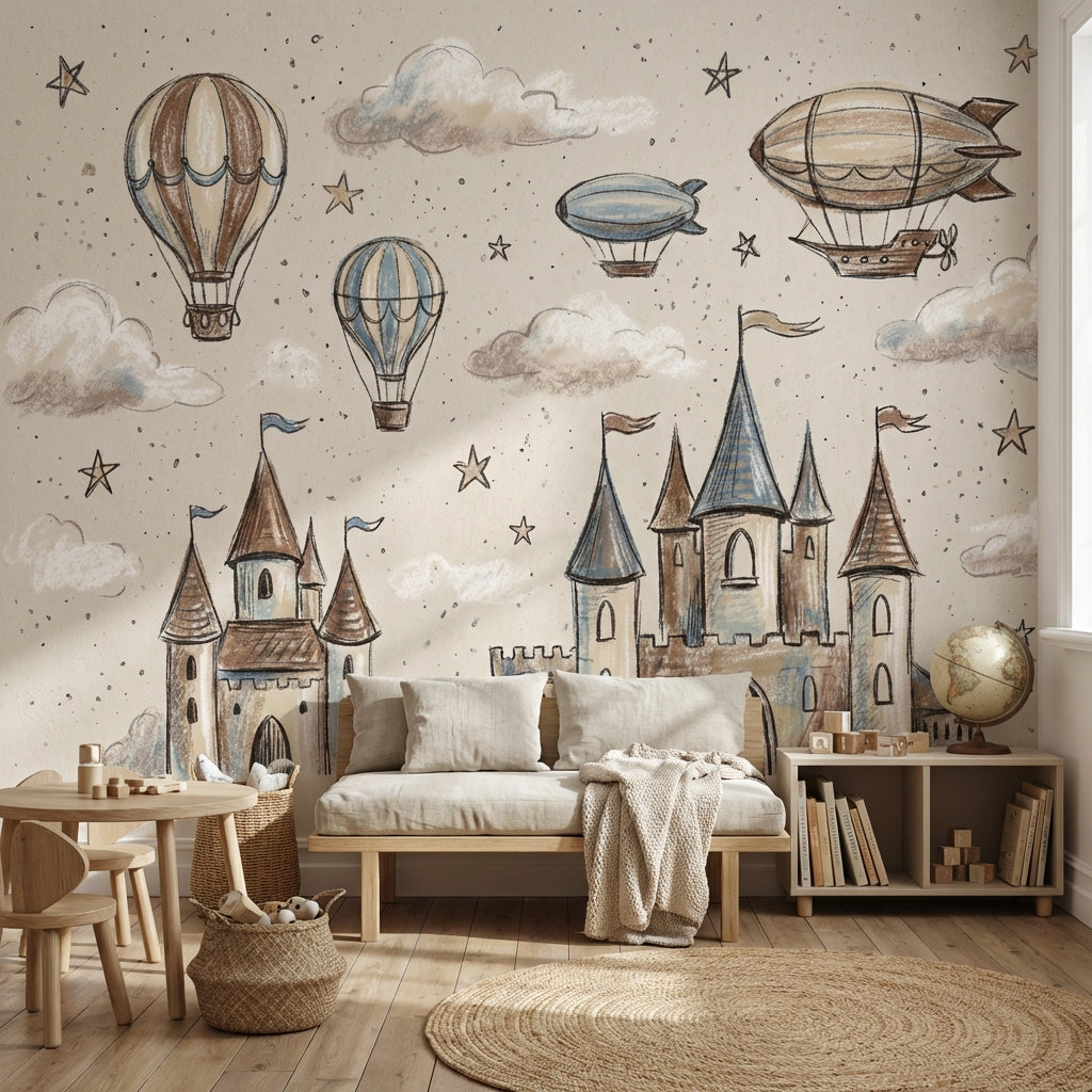 Whimsical Castle Wallpaper Sketch Stars Removable Wall Decor