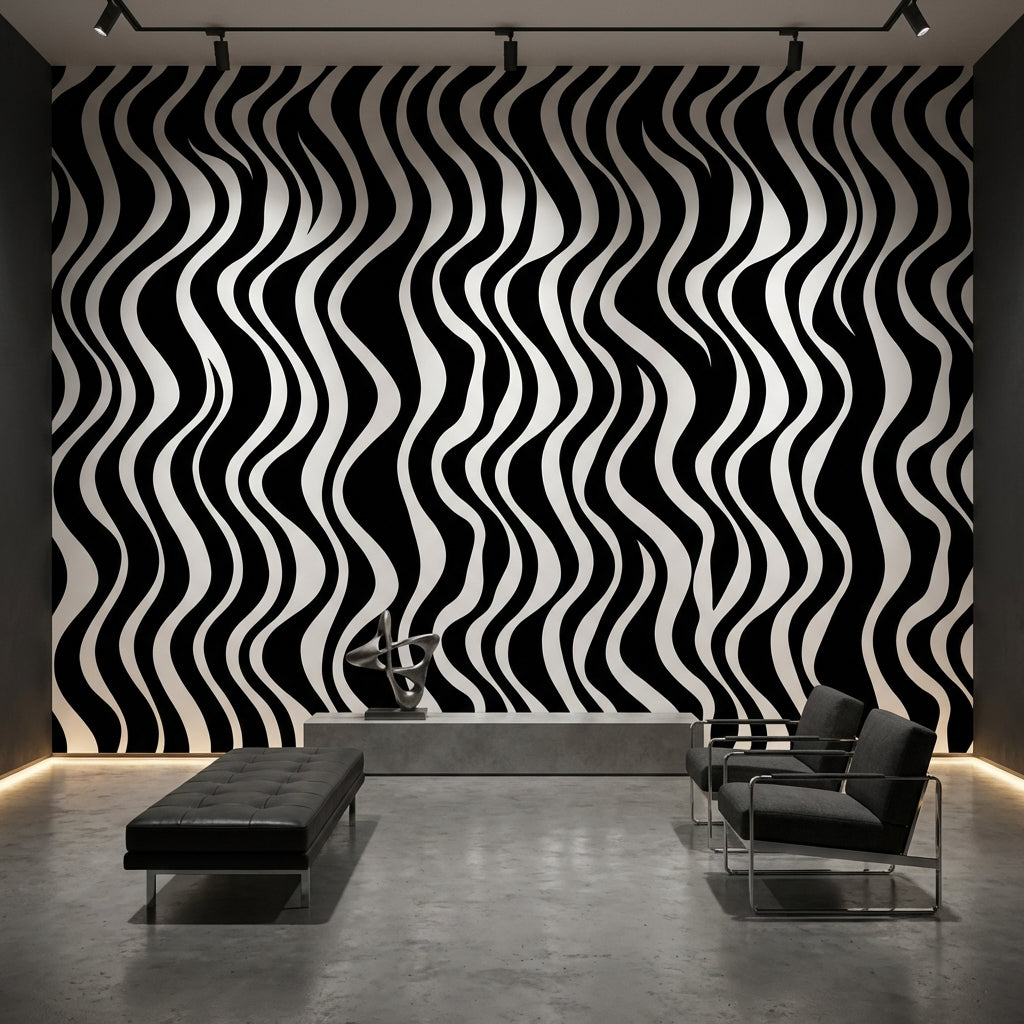 Black And White Wallpaper Wavy Abstract Wall Mural