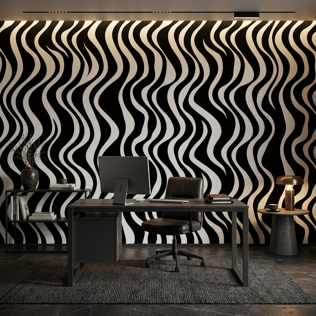 Black And White Wallpaper Wavy Abstract Wall Mural