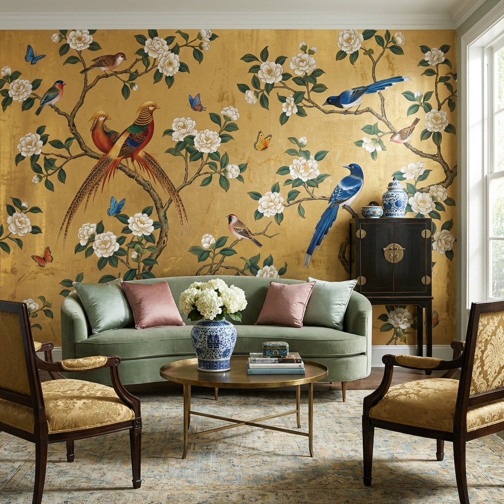 Oriental Birds Wallpaper Gold Nature Wall Mural