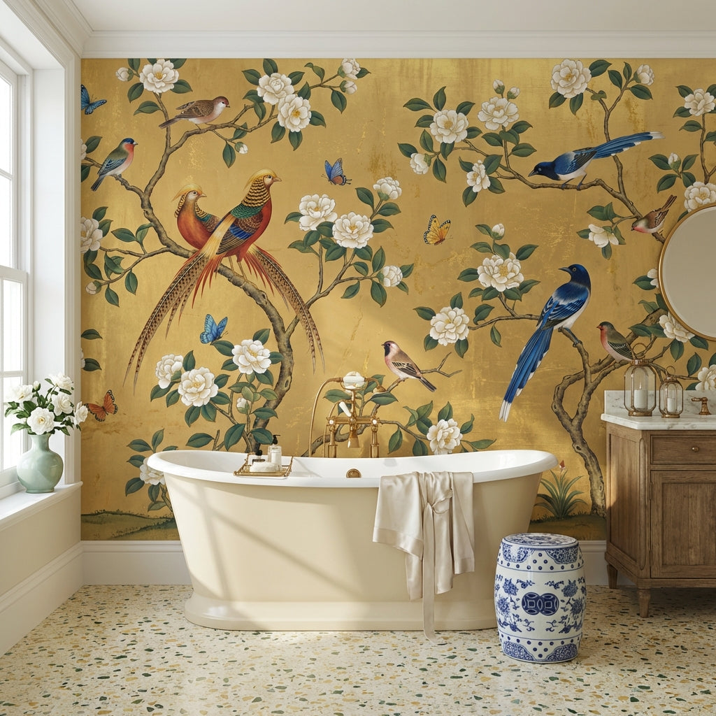 Oriental Birds Wallpaper Gold Nature Wall Mural