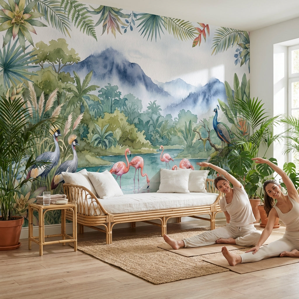 Tropical Wallpaper Flamingos Peacock Wall Mural