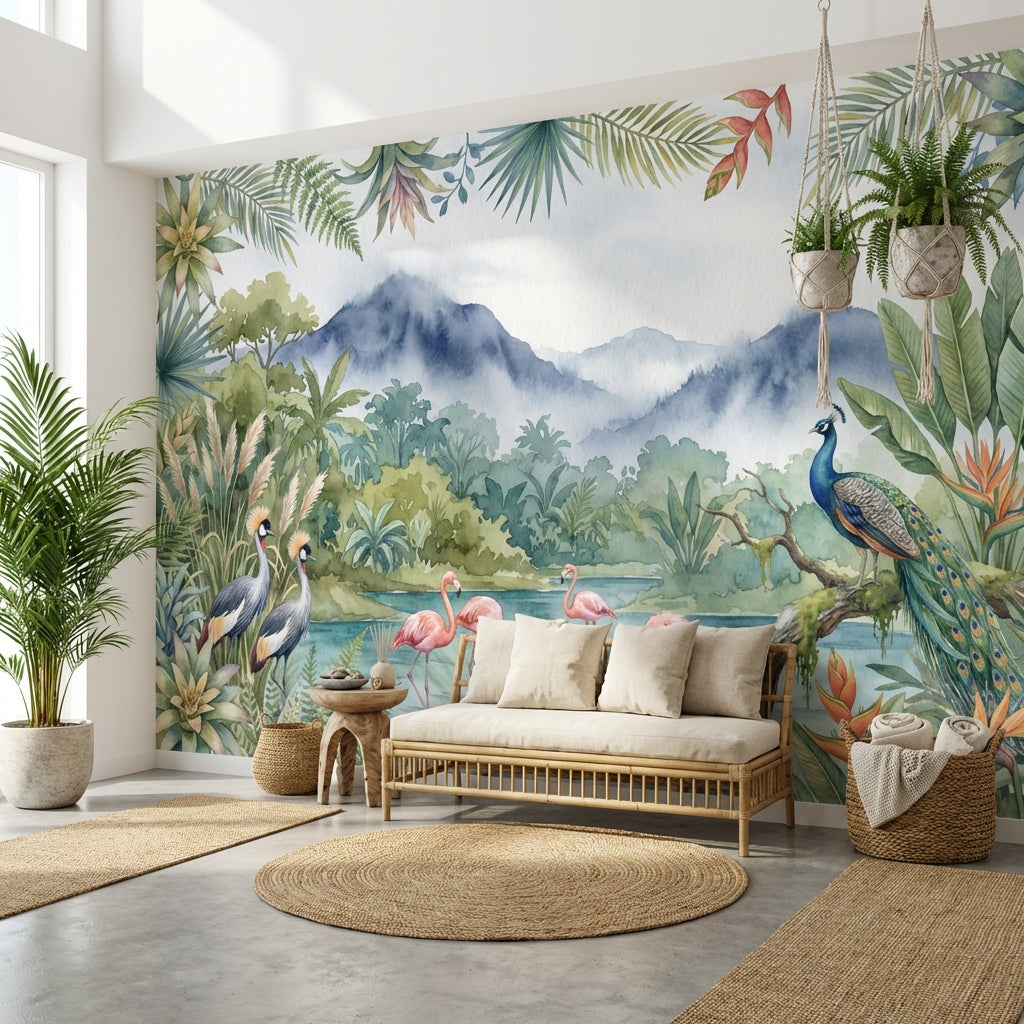 Tropical Wallpaper Flamingos Peacock Wall Mural