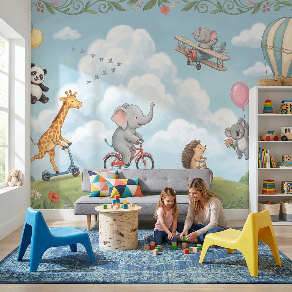 Playful Animals Wallpaper Whimsical Bright Wall Mural