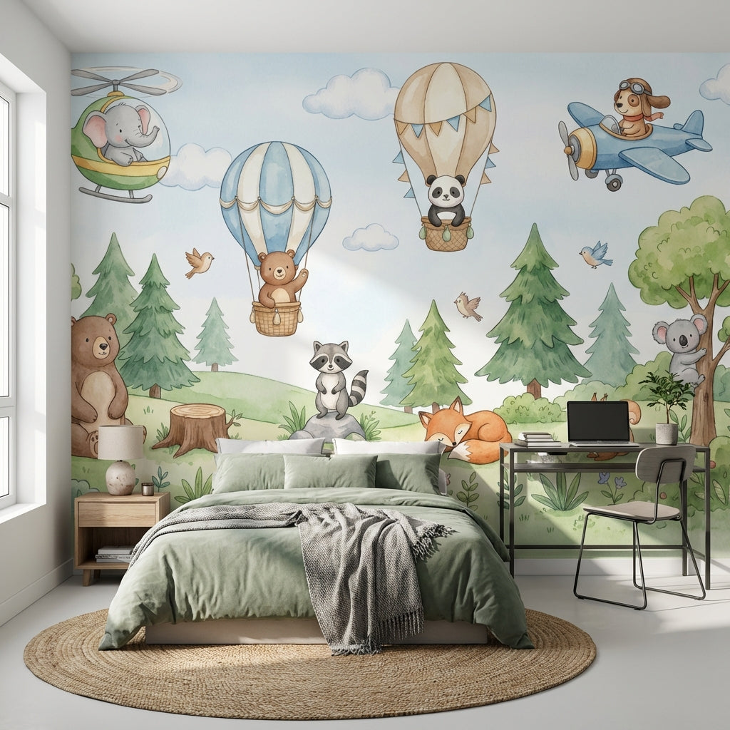 Whimsical Forest Wallpaper Animals Balloon Removable Wall Decor