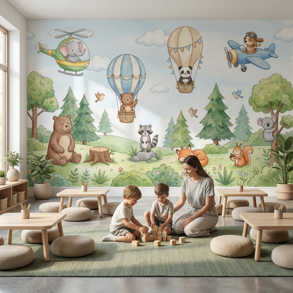 Whimsical Forest Wallpaper Animals Balloon Removable Wall Decor