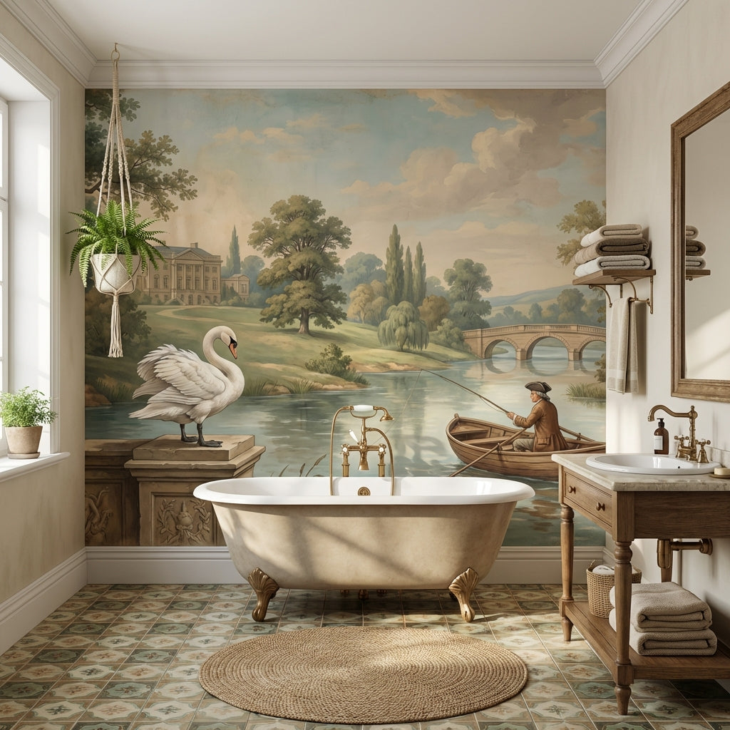 Landscape Wallpaper Swan Vintage Wall Mural
