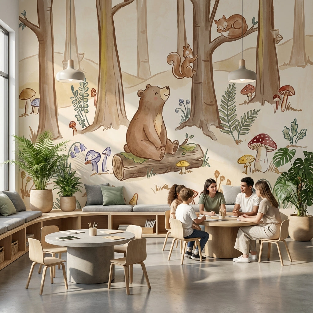 Whimsical Forest Wallpaper Bear Squirrel Wall Mural