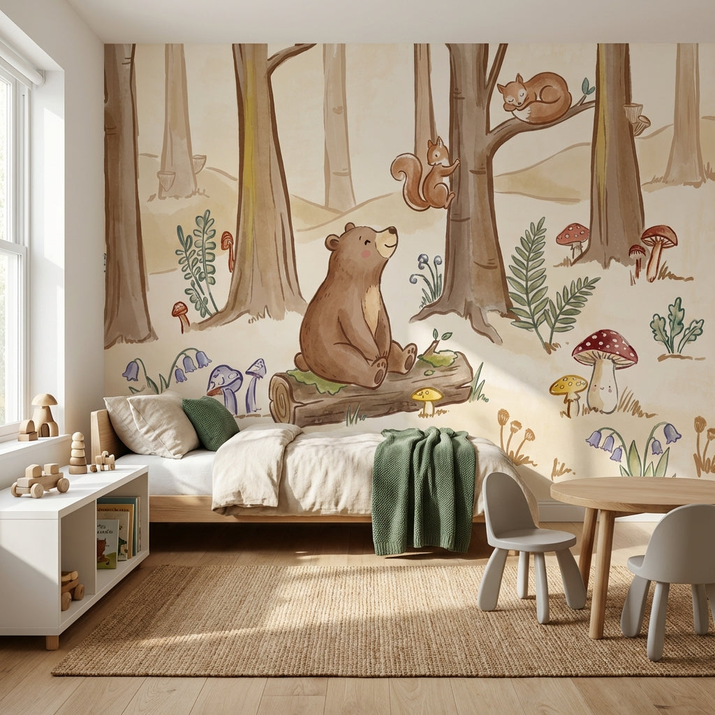 Whimsical Forest Wallpaper Bear Squirrel Wall Mural