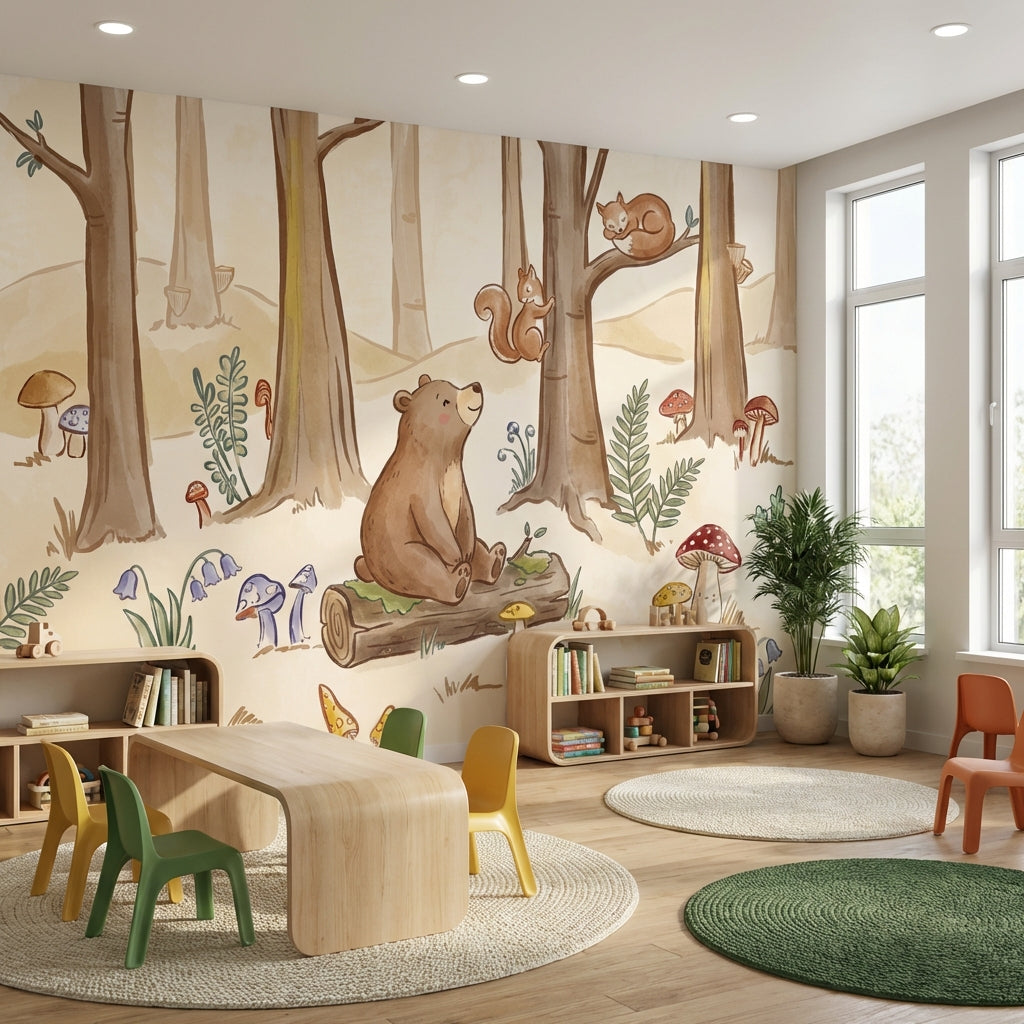 Whimsical Forest Wallpaper Bear Squirrel Wall Mural