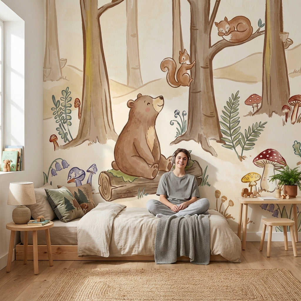 Whimsical Forest Wallpaper Bear Squirrel Wall Mural