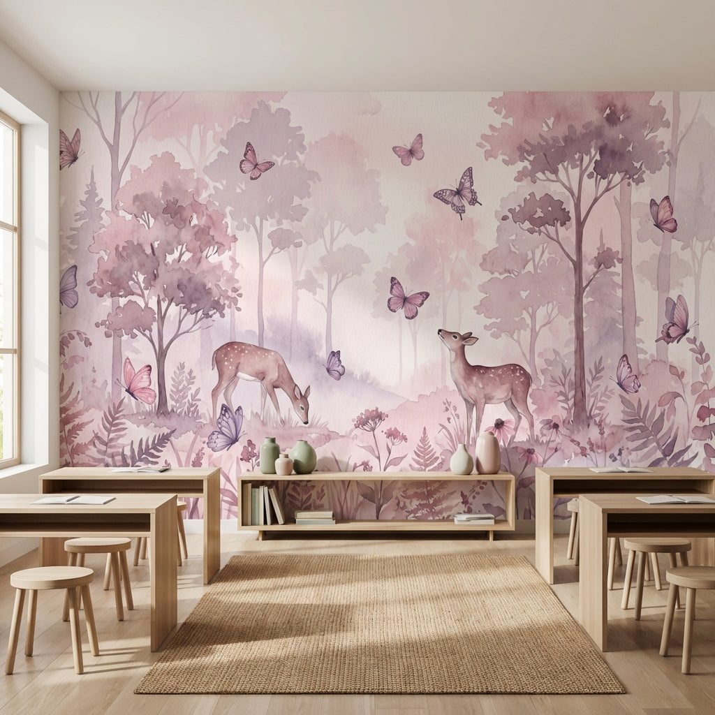Forest Wallpaper Butterflies Deer Wall Mural