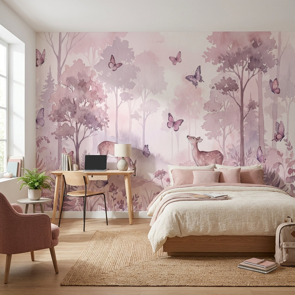 Forest Wallpaper Butterflies Deer Wall Mural