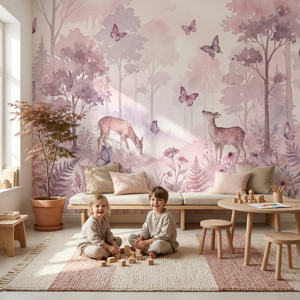 Forest Wallpaper Butterflies Deer Wall Mural