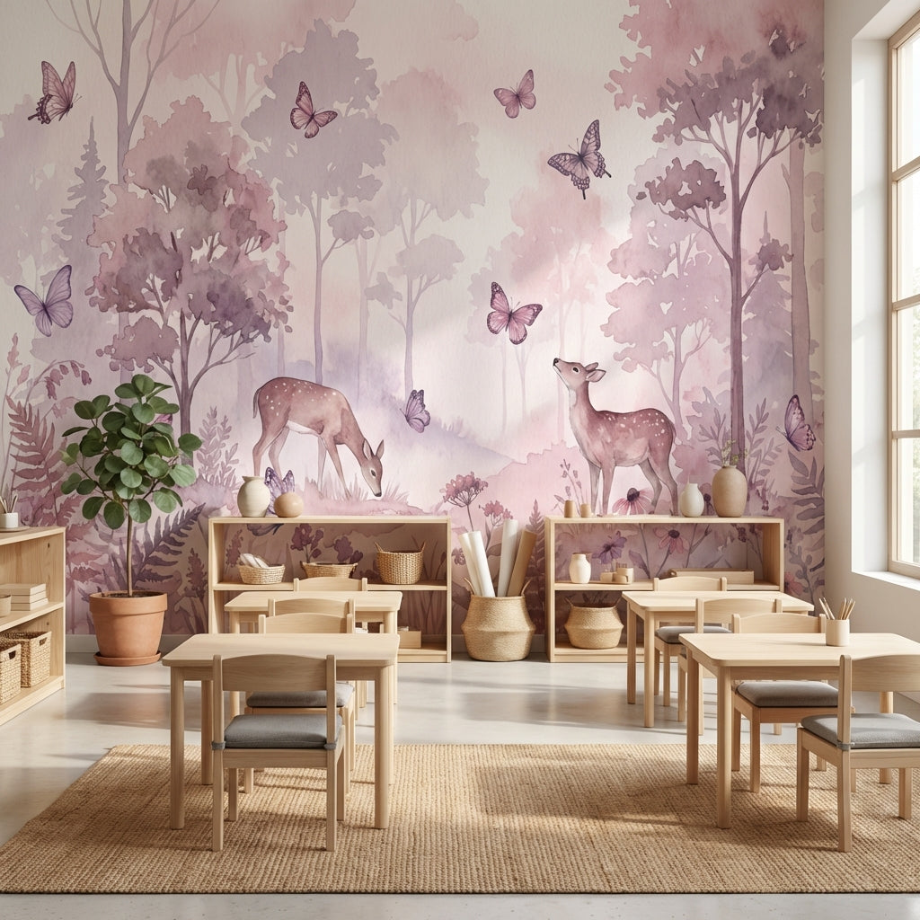 Forest Wallpaper Butterflies Deer Wall Mural