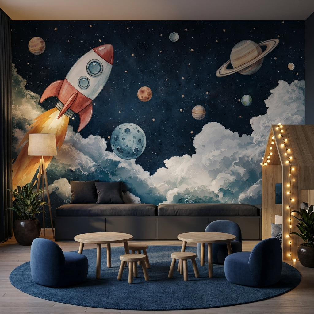 Starry Night Wallpaper Rocket Planets Wall Decor