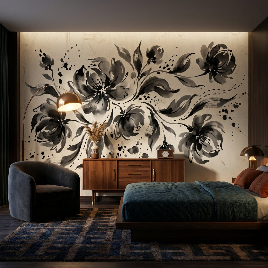 Floral Wallpaper Vintage Ink Wash Wall Mural
