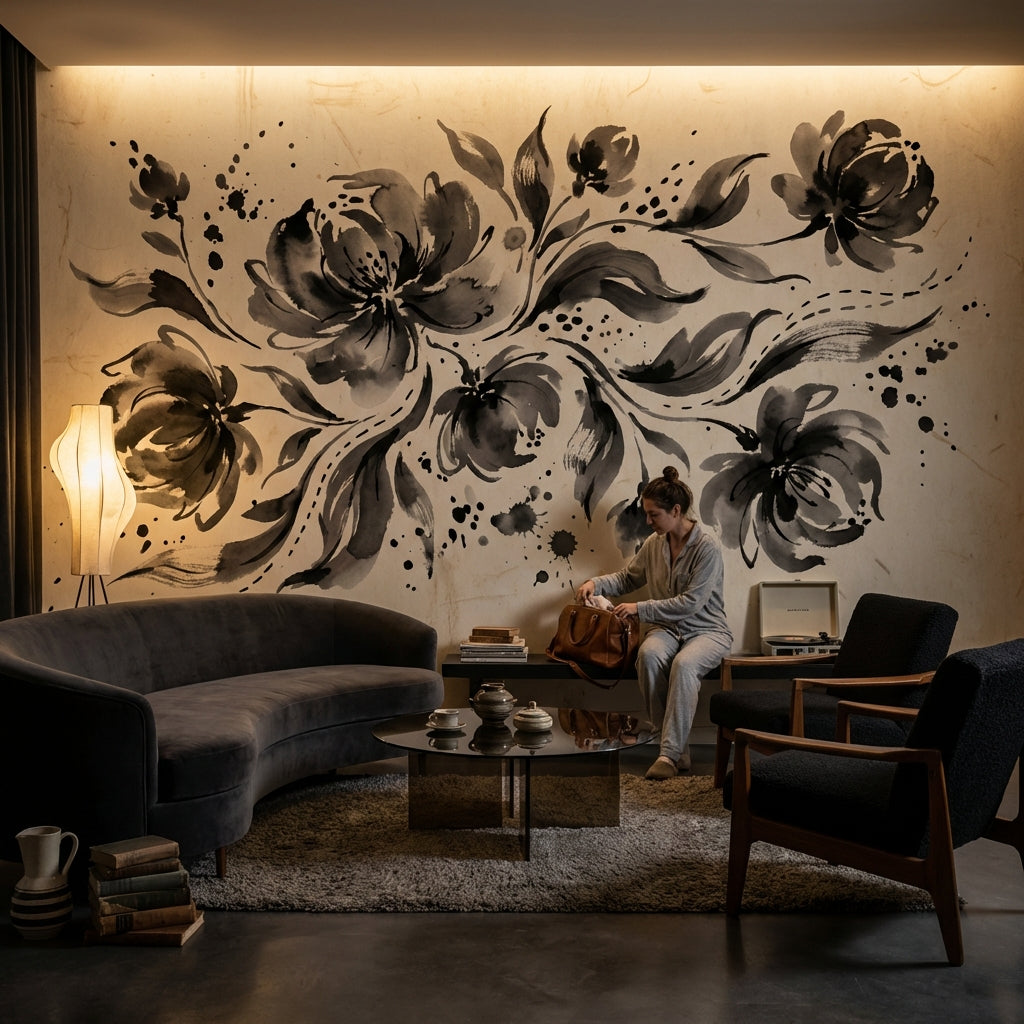 Floral Wallpaper Vintage Ink Wash Wall Mural