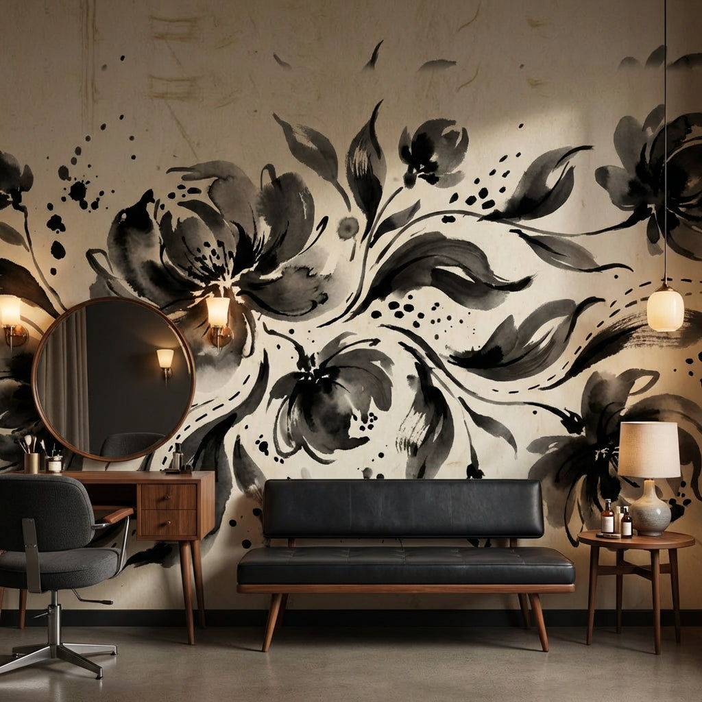 Floral Wallpaper Vintage Ink Wash Wall Mural