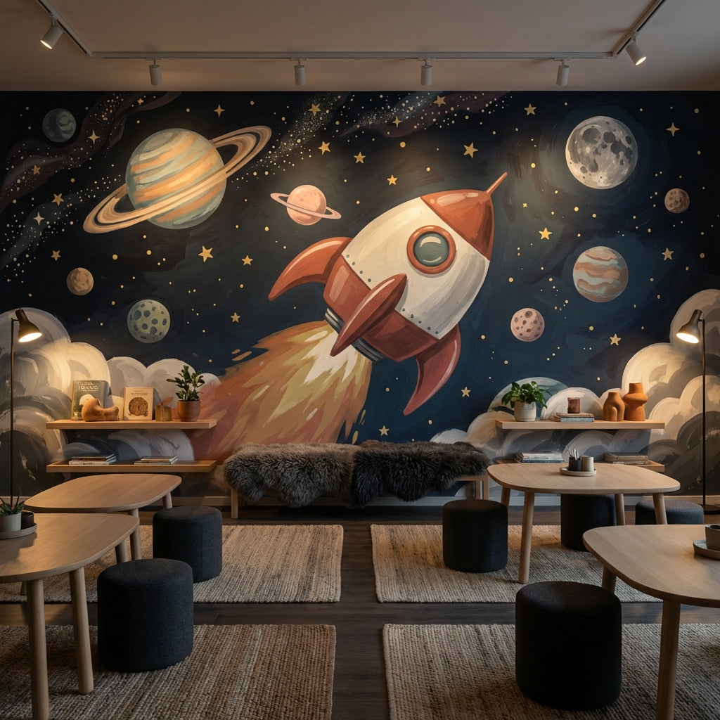 Starry Night Wallpaper Rocket Space Wall Mural