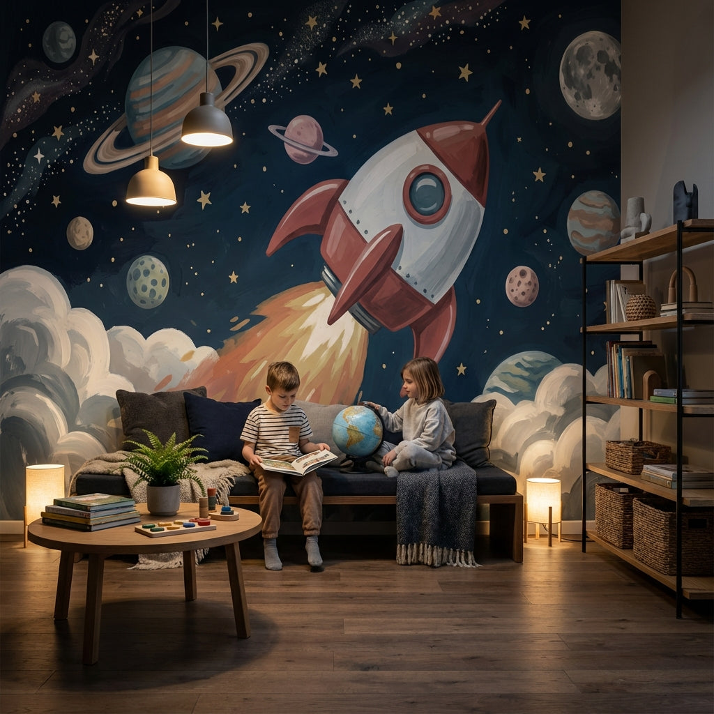 Starry Night Wallpaper Rocket Space Wall Mural