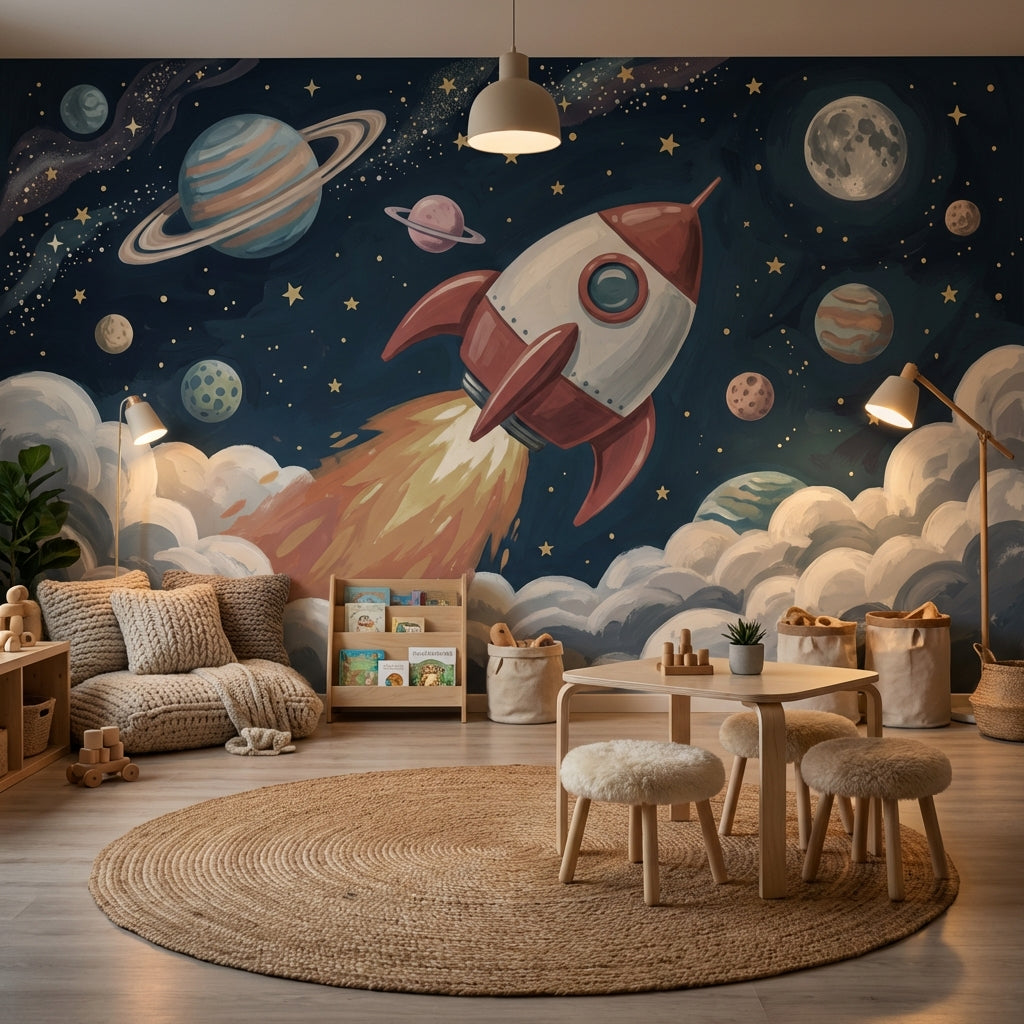 Starry Night Wallpaper Rocket Space Wall Mural