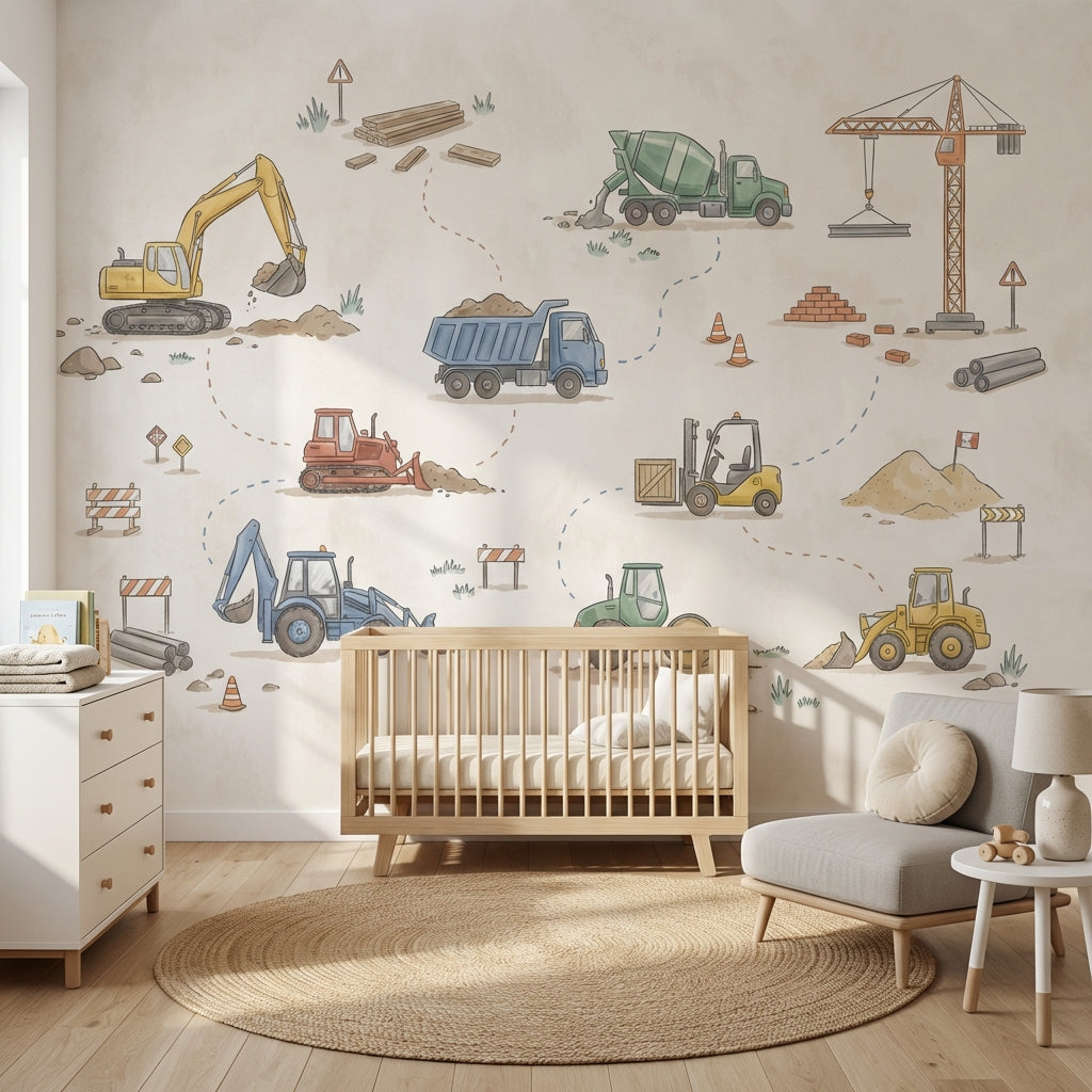 Construction Vehicles Wallpaper Cartoon Playful Wall Mural