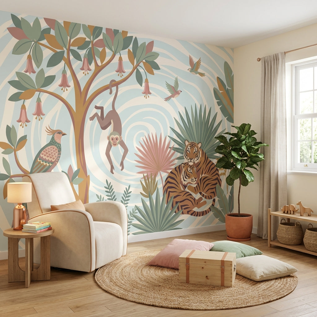 Jungle Animals Wallpaper Monkey Birds Wall Mural
