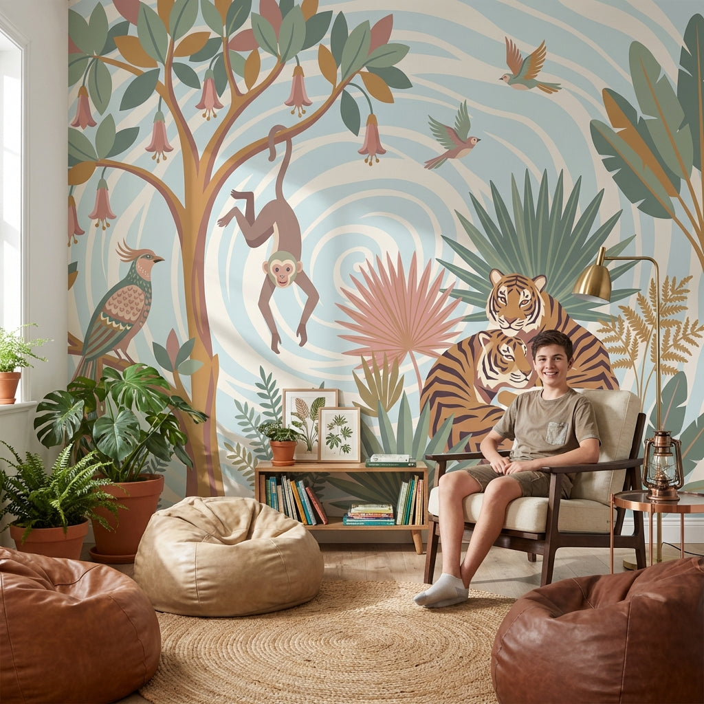 Jungle Animals Wallpaper Monkey Birds Wall Mural
