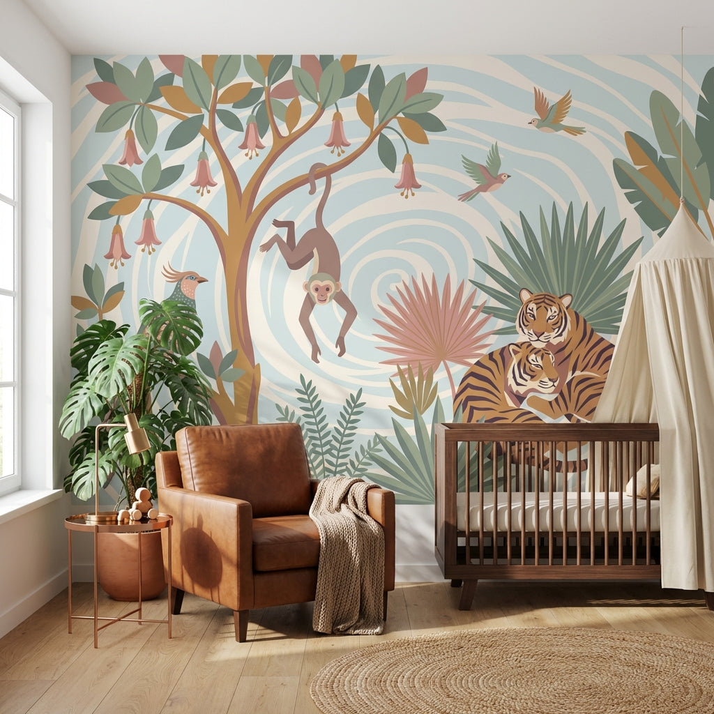 Jungle Animals Wallpaper Monkey Birds Wall Mural