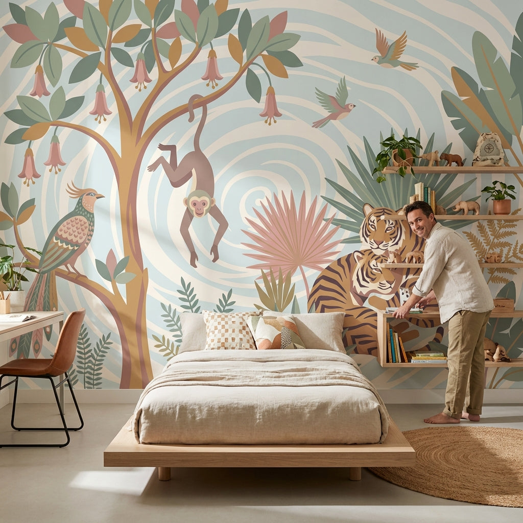 Jungle Animals Wallpaper Monkey Birds Wall Mural