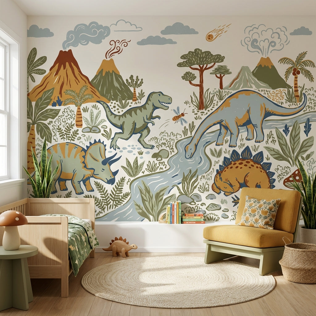 Dinosaurs Wallpaper Prehistoric Volcano Wall Mural