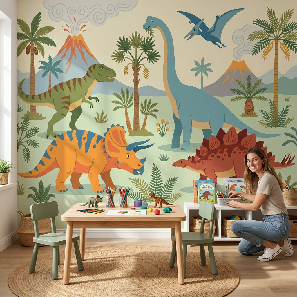Dinosaur Adventure Wallpaper Prehistoric Volcano Wall Mural