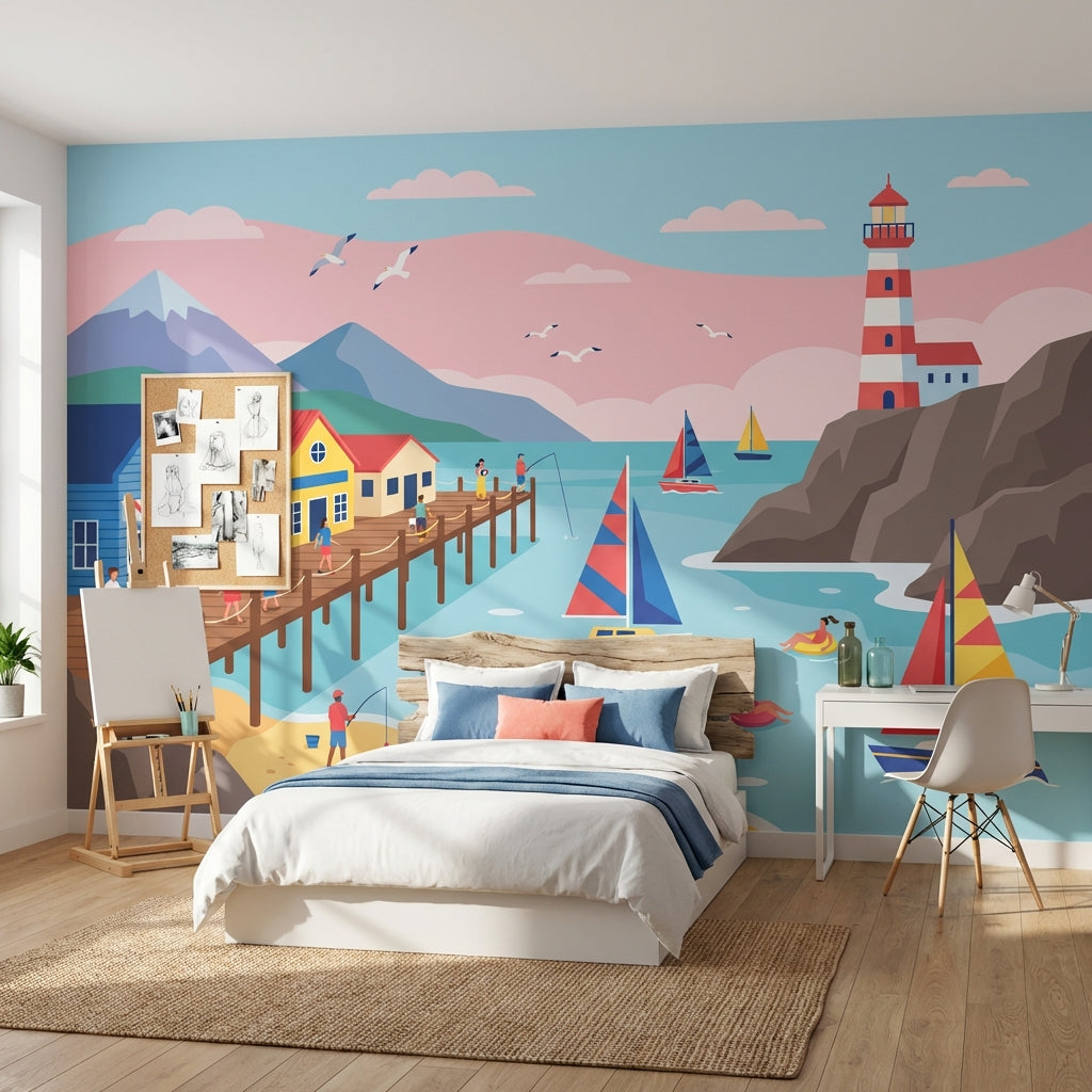 Coastal Wallpaper Lighthouse Sailing Wall Mural