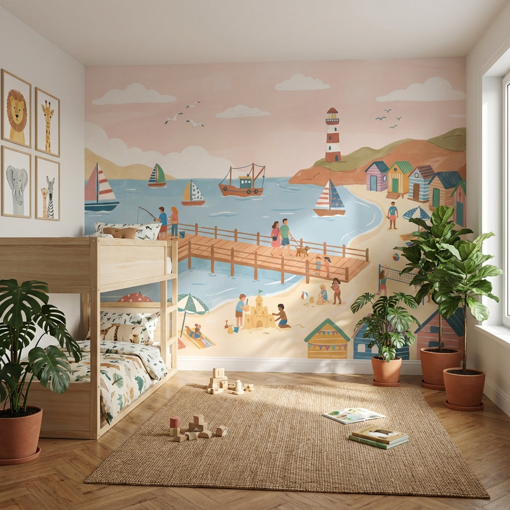 Beach Wallpaper Pier Sailboats Wall Mural