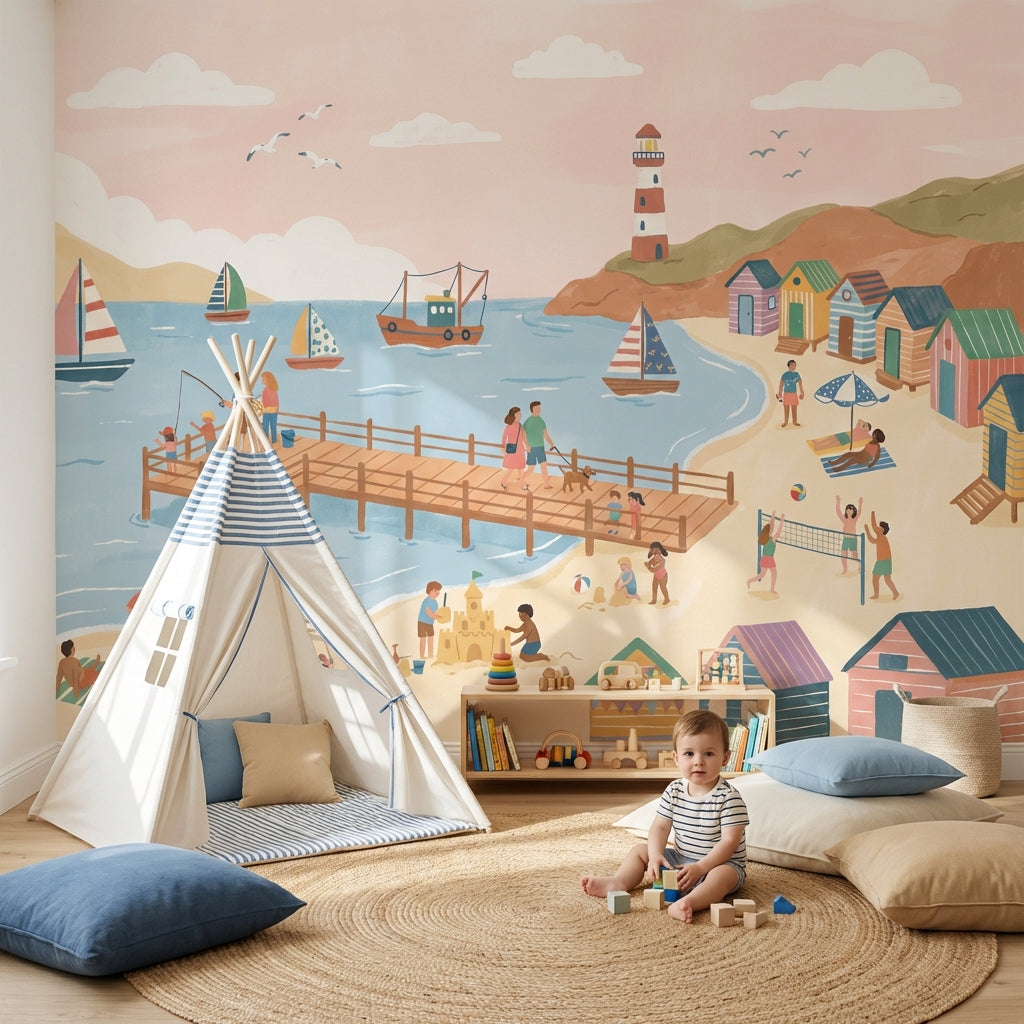 Beach Wallpaper Pier Sailboats Wall Mural