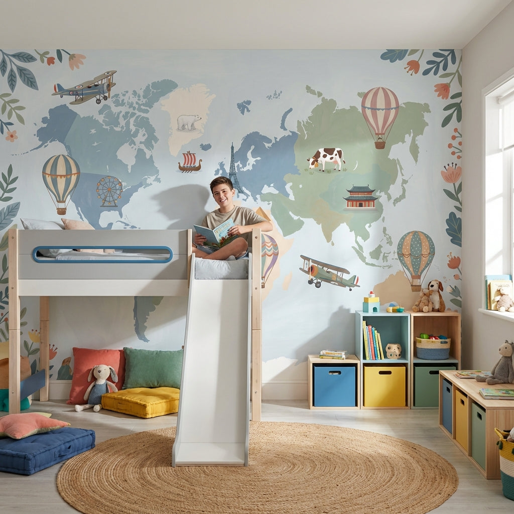 World Map Wallpaper Balloon Adventure Wall Mural