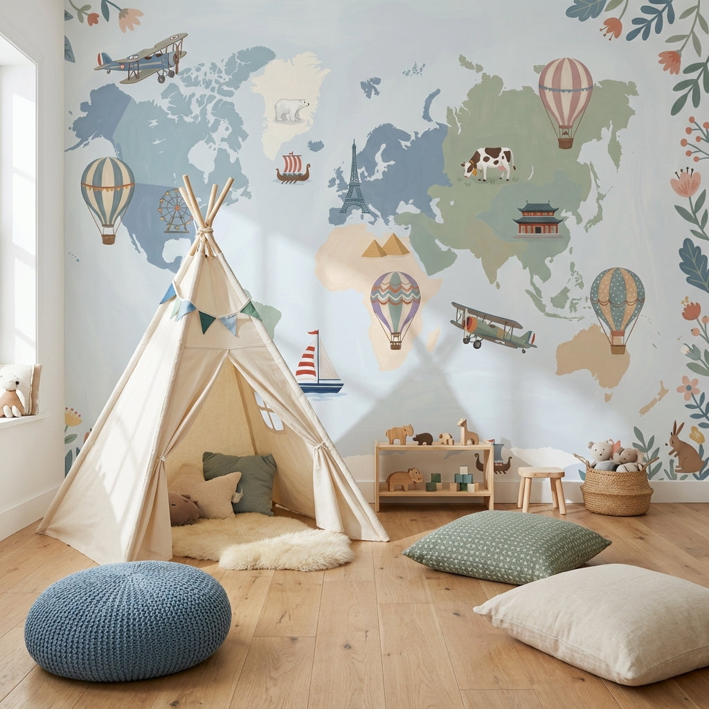 World Map Wallpaper Balloon Adventure Wall Mural