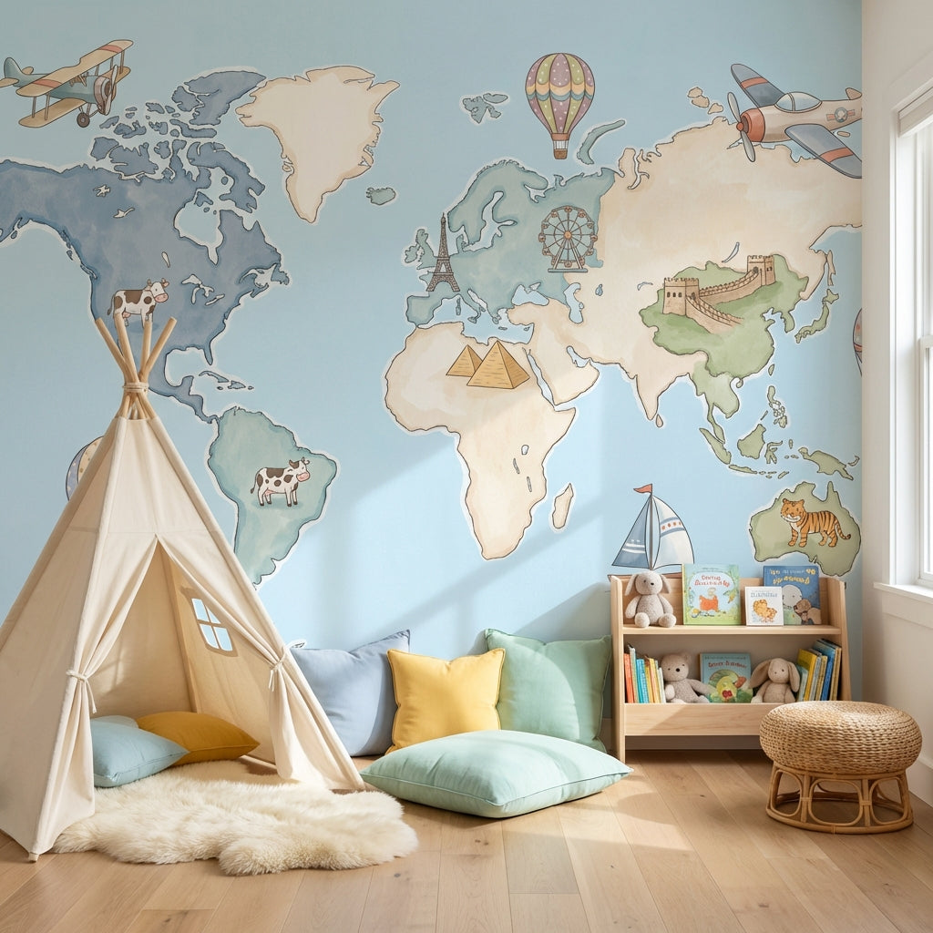 World Map Wallpaper Hot Air Balloon Animal Wall Mural