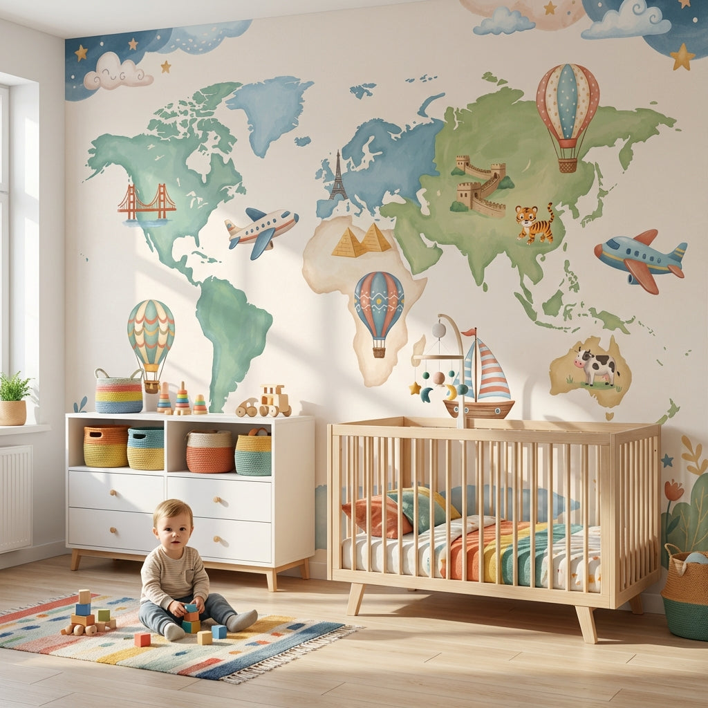 World Map Wallpaper Airplane Balloon Wall Mural