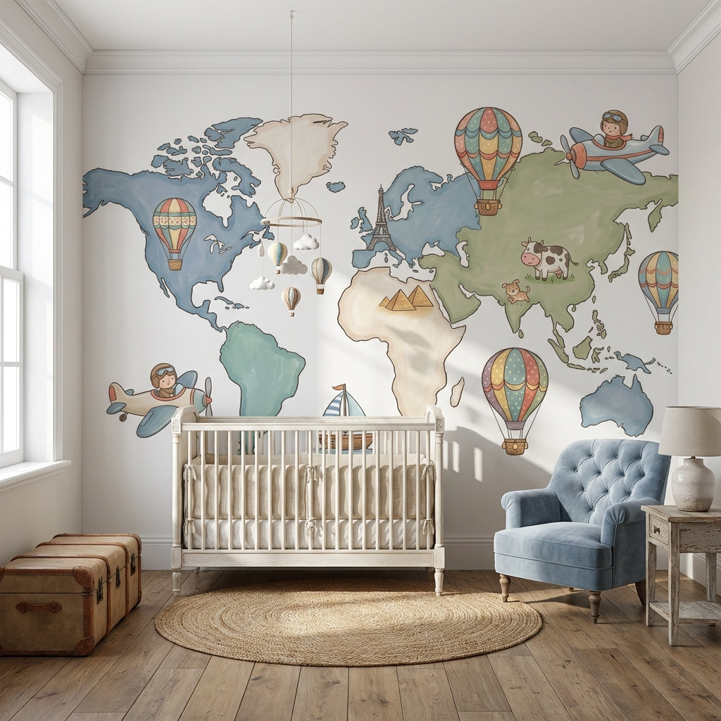 World Map Wallpaper Hot Air Balloon Removable Wall Decor