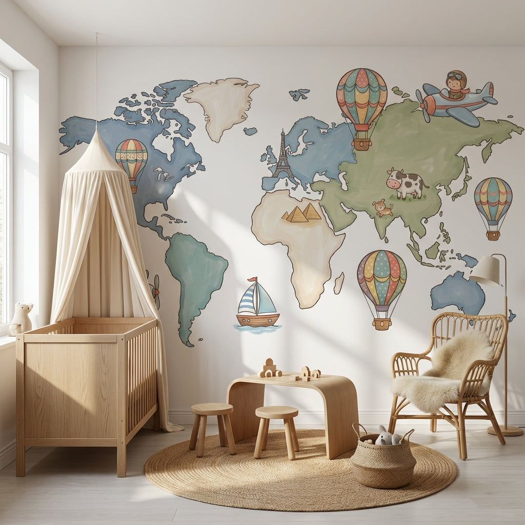 World Map Wallpaper Hot Air Balloon Removable Wall Decor
