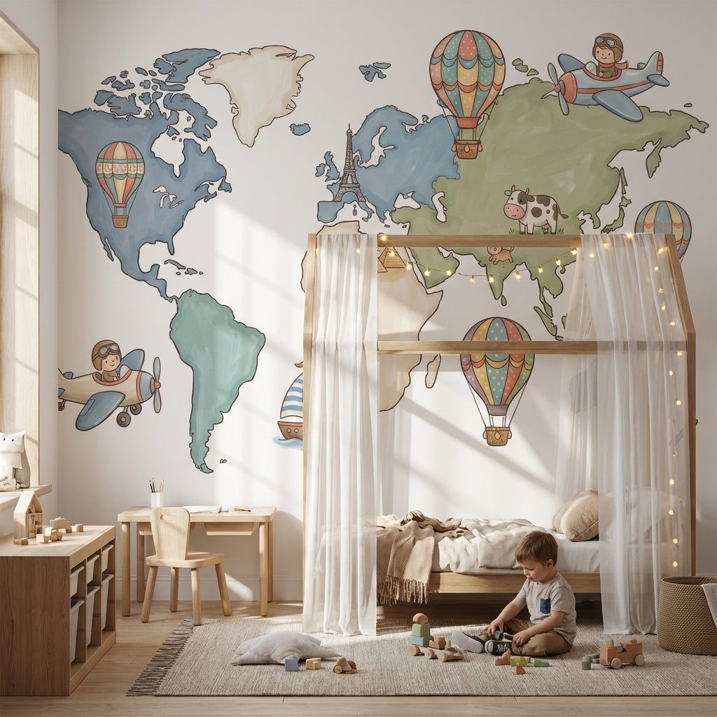 World Map Wallpaper Hot Air Balloon Removable Wall Decor