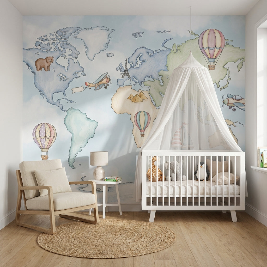 World Map Wallpaper Hot Air Balloons Whimsical Wall Mural
