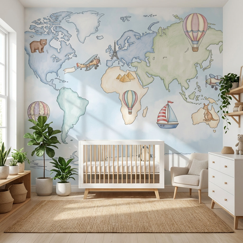 World Map Wallpaper Hot Air Balloons Whimsical Wall Mural