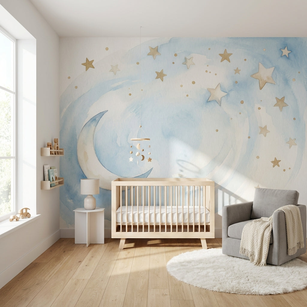 Watercolor Moon Wallpaper Dreamy Stars Wall Mural