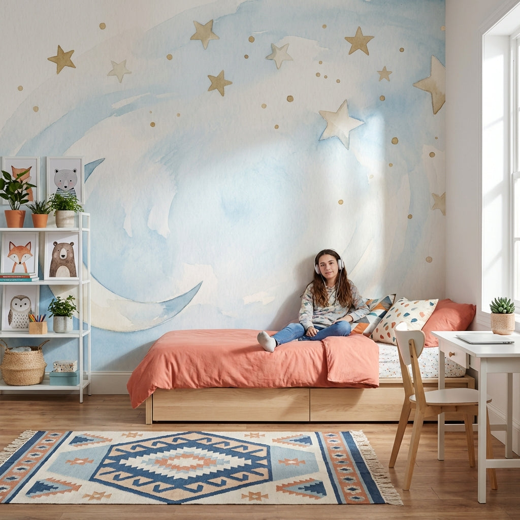 Watercolor Moon Wallpaper Dreamy Stars Wall Mural