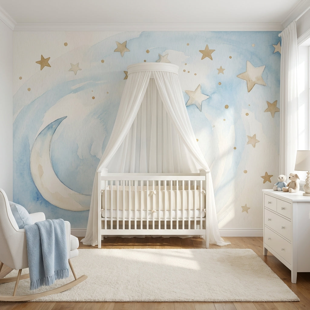 Watercolor Moon Wallpaper Dreamy Stars Wall Mural