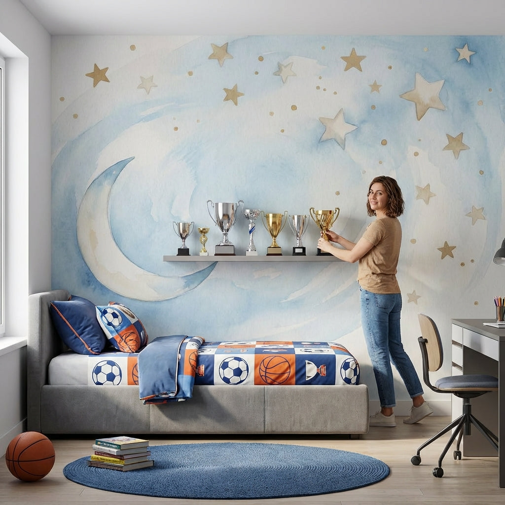 Watercolor Moon Wallpaper Dreamy Stars Wall Mural