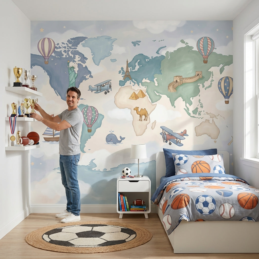 World Map Wallpaper Cloudy Sky Wall Mural